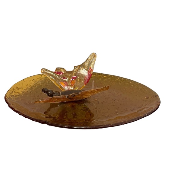 Hand-Blown Amber Art Glass Monarch Butterfly Dish Vintage Boho Trinket Dish
